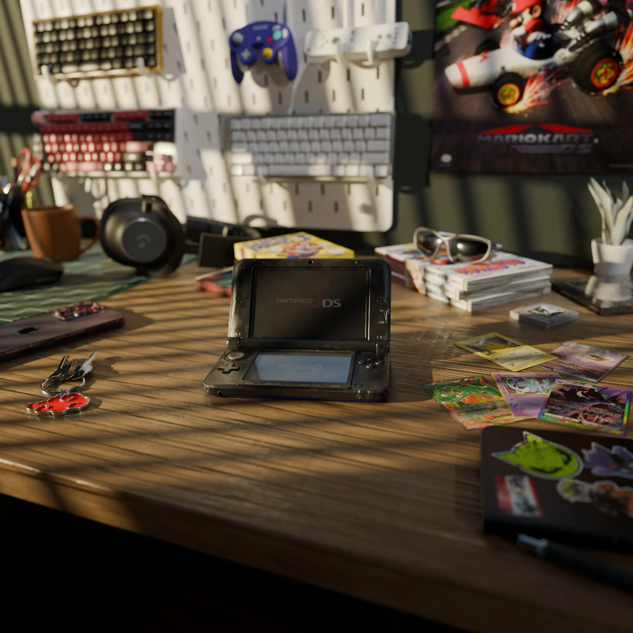 Handheld console on a collector desk filled with magazines and gaming objects