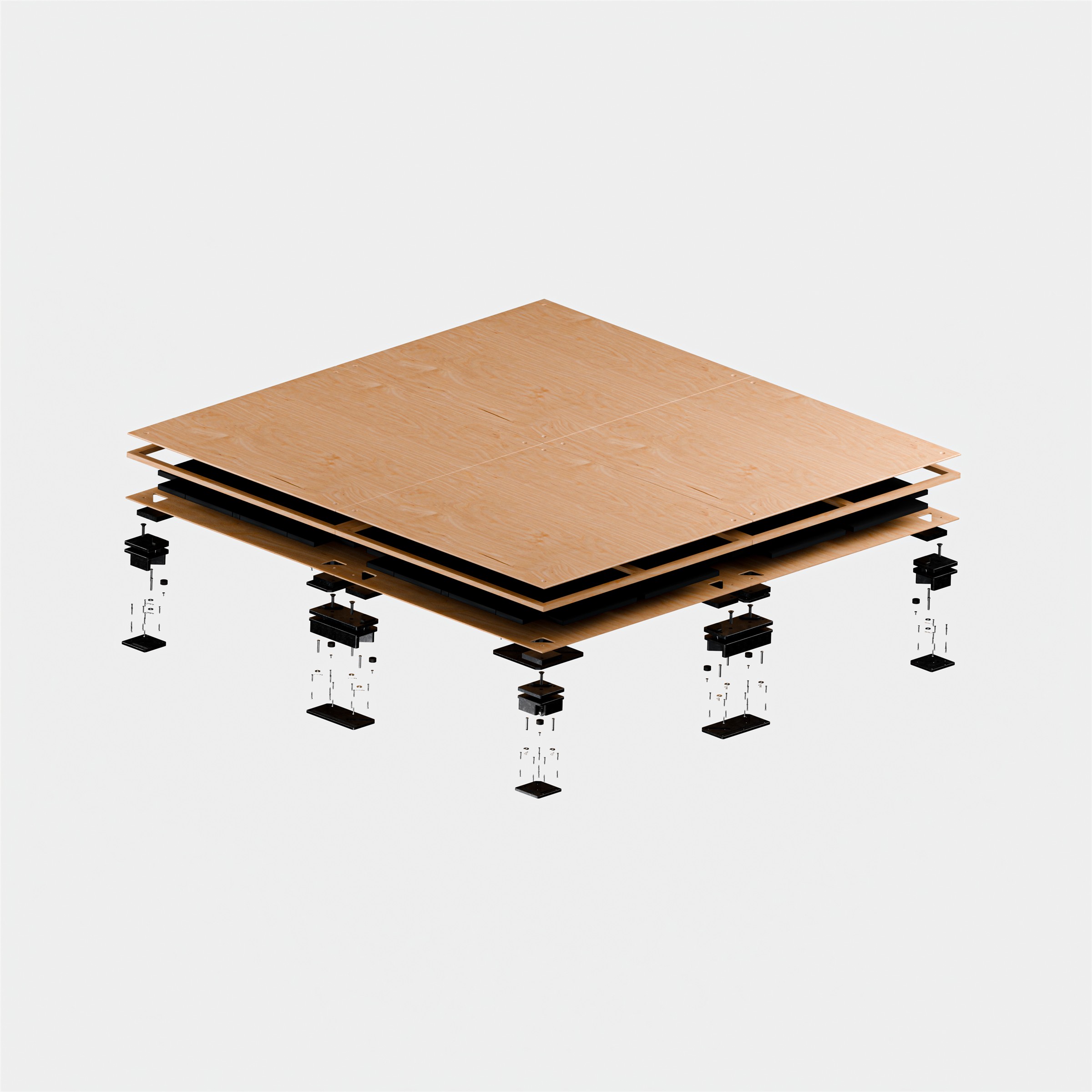 Exploded view of a modular wooden stage platform