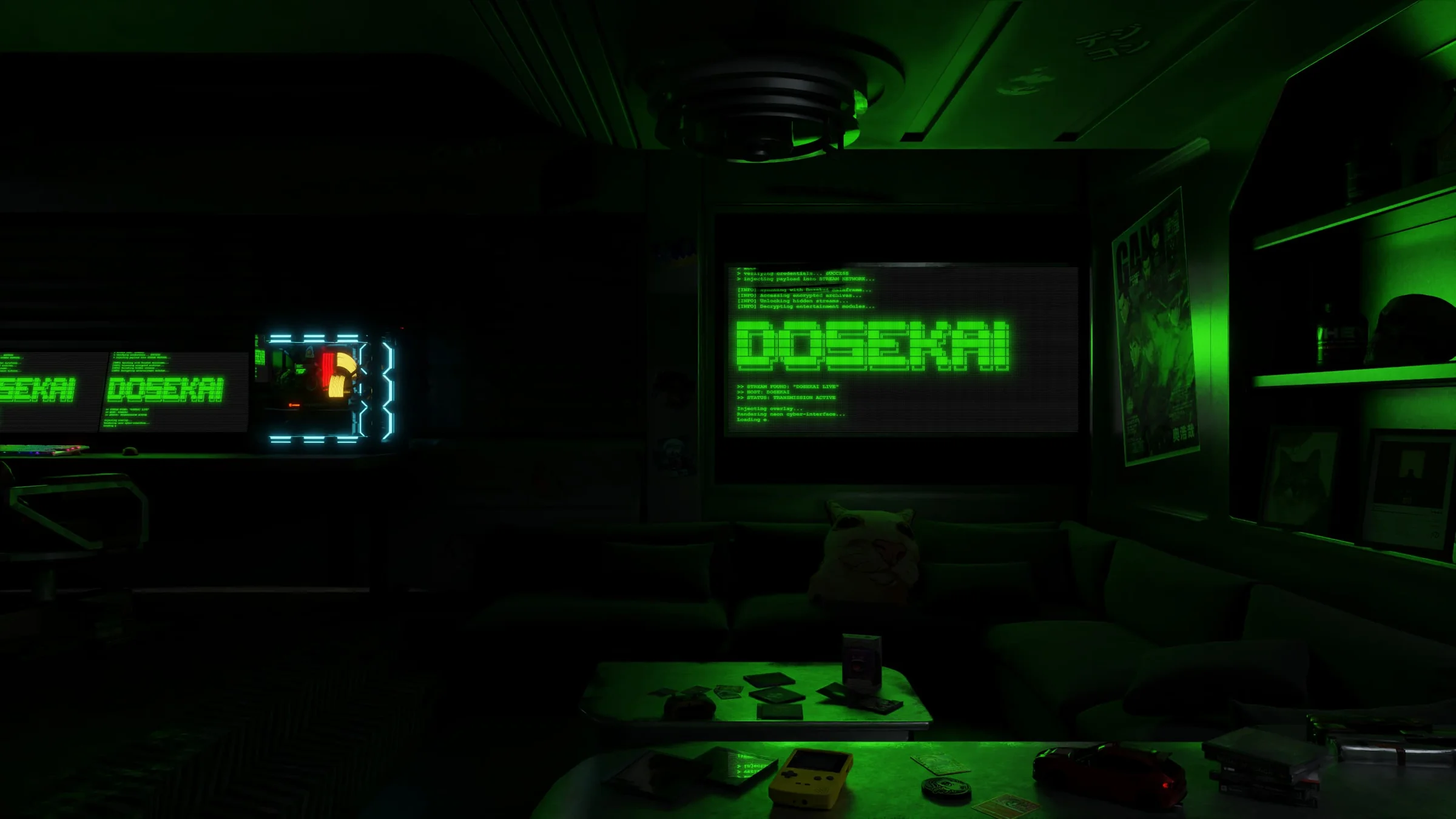 Dark green interior with Dosekai graphics on multiple screens