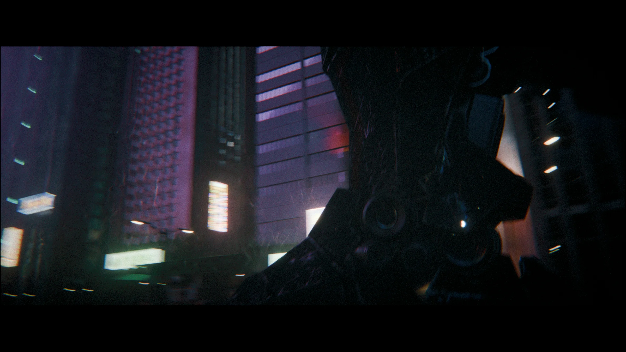 Towering mechanical figure framed by neon city architecture at night
